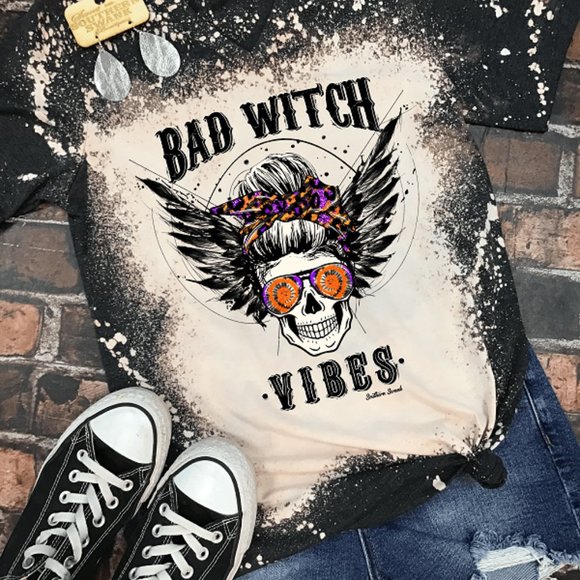 Bad Witch Vibes Distressed Bleached V-Neck Tee - Picture 2 of 2